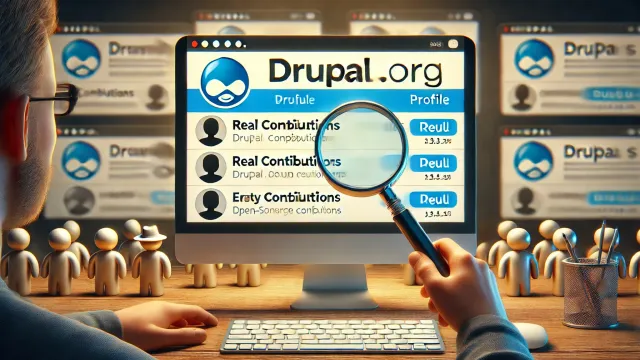 A person holding a magnifyin glass on a screen showing drupal.org