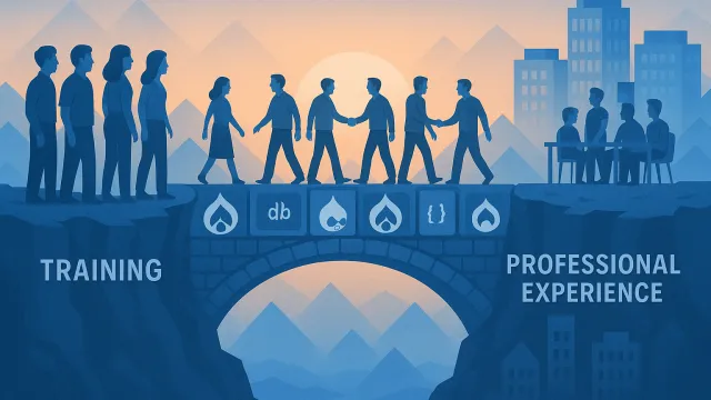 A digital illustration shows a symbolic bridge made of Drupal logos and code snippets connecting two cliffs. On the left cliff labeled “Training,” several people stand observing. On the right cliff labeled “Professional Experience,” office buildings and development teams are depicted. Mentors walk alongside individuals crossing the bridge. The scene is bathed in sunrise light, with pyramid-shaped mountains in the background, all using a Drupal blue color palette.