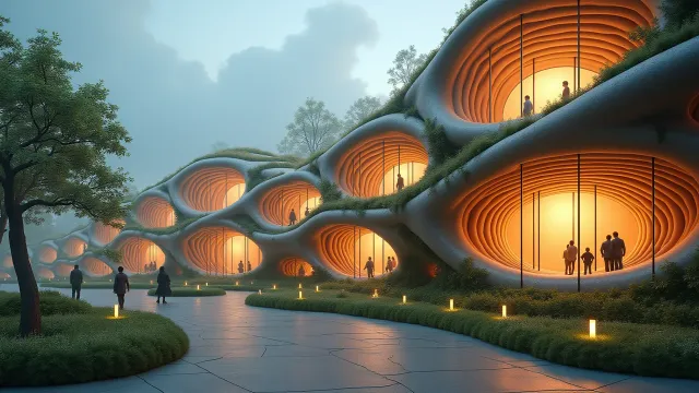 Organic architectural community pods with warm lighting showing people collaborating in sustainable development spaces