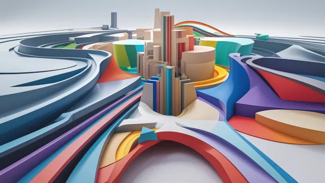 Colorful geometric streams converging into unified architectural structure, symbolizing global community collaboration