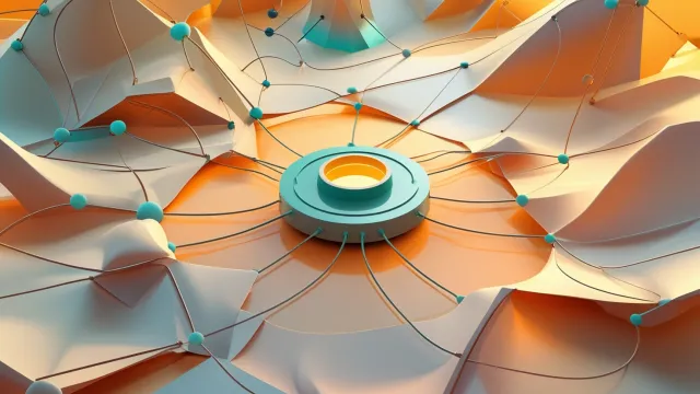 Abstract digital network with central orchestration hub connected to distributed nodes via flowing organic lines in warm amber orange and soft teal tones