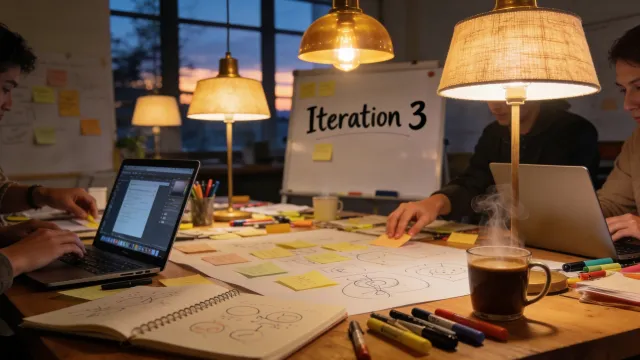 Development team collaborating around a workshop table with laptops, sticky notes, wireframe   sketches, and coffee during an evening work session