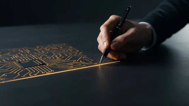 A human hand drawing a single clean glowing line through complex AI circuit patterns, representing human supervision guiding AI toward simpler solutions