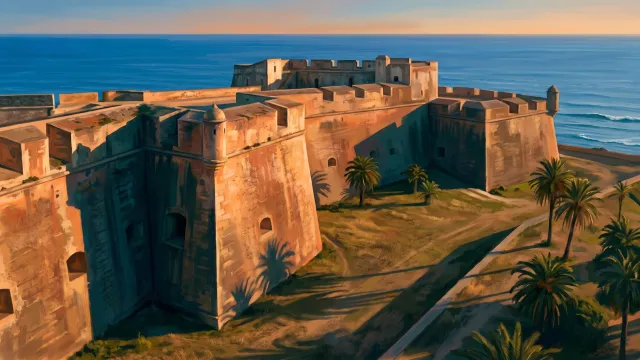 Una fortificación costera de piedra de varios siglos con murallas de bastión intactas y el mar detrás.
