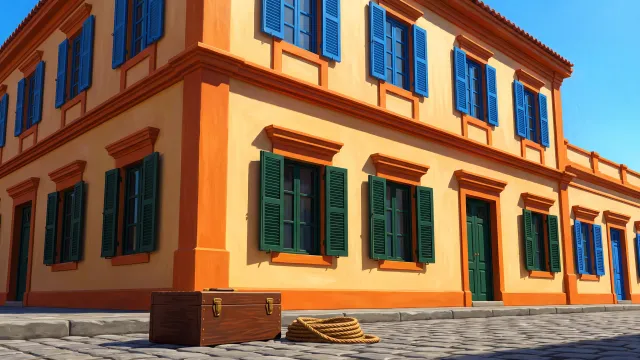 A closed wooden toolbox and a coiled rope on cobblestones in front of a freshly painted colonial building.
