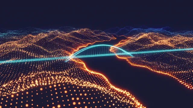 A dark landscape of glowing orange dots rising and falling like   hills, with a winding empty channel through the middle. A bright cyan arch bridge spans the   channel at the center, and a straight cyan road runs from both ends of the bridge across the terrain.