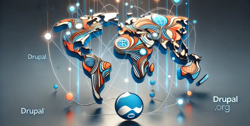 Image of a colorful and diverse world map interconnected with drupal.org in the center