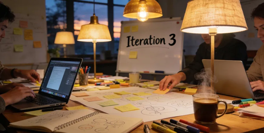 Development team collaborating around a workshop table with laptops, sticky notes, wireframe   sketches, and coffee during an evening work session
