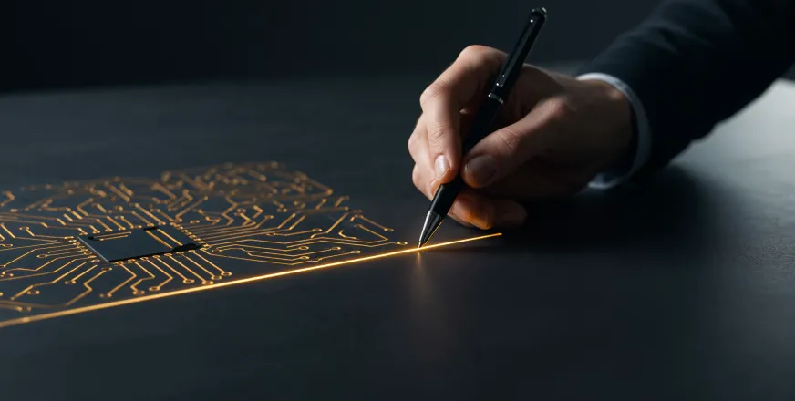 A human hand drawing a single clean glowing line through complex AI circuit patterns, representing human supervision guiding AI toward simpler solutions